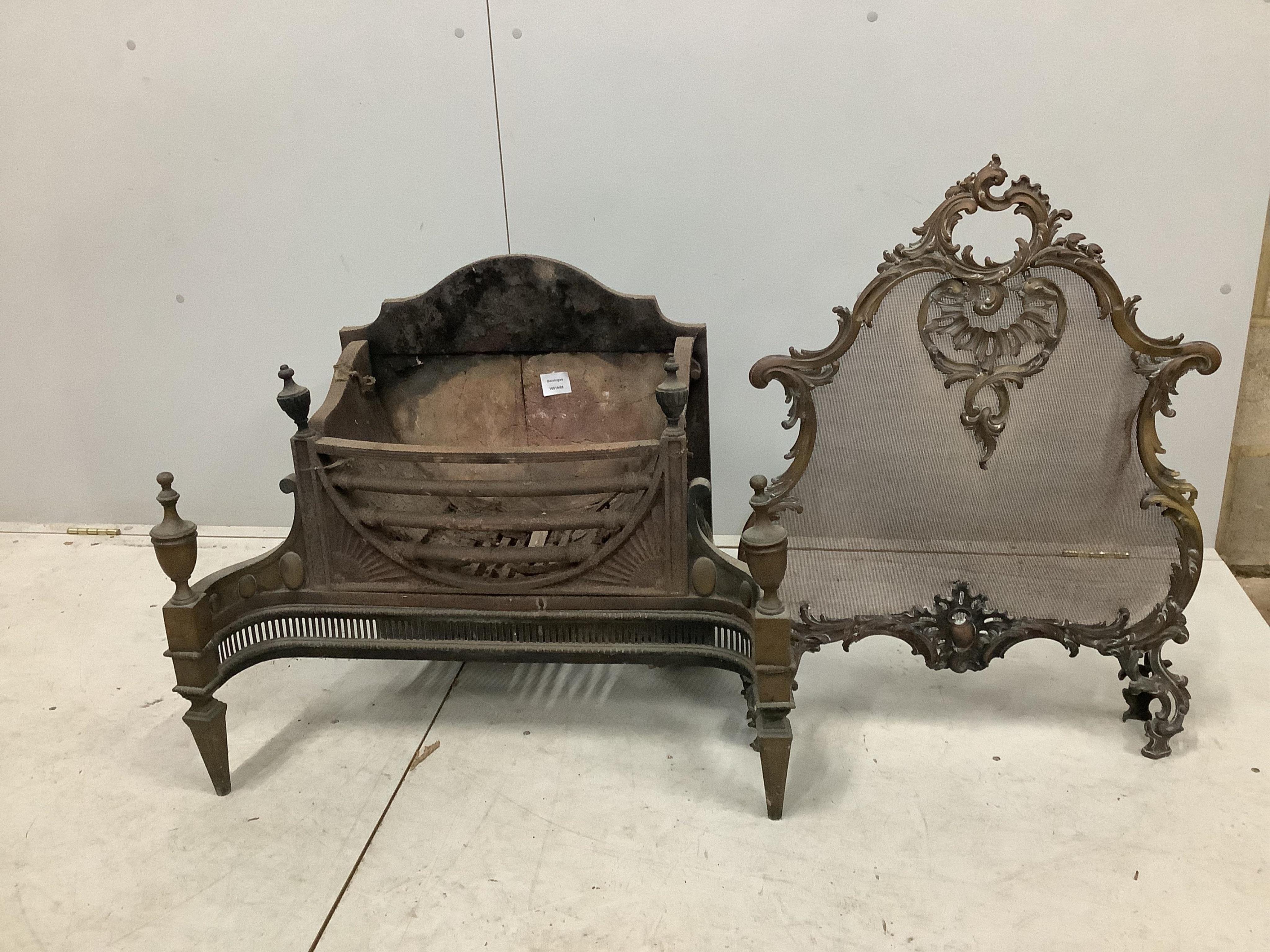 An Adam design brass mounted cast iron fire grate, width 74cm, depth 44cm, height 65cm, together with a brass rococo style mesh firescreen. Condition - poor to fair